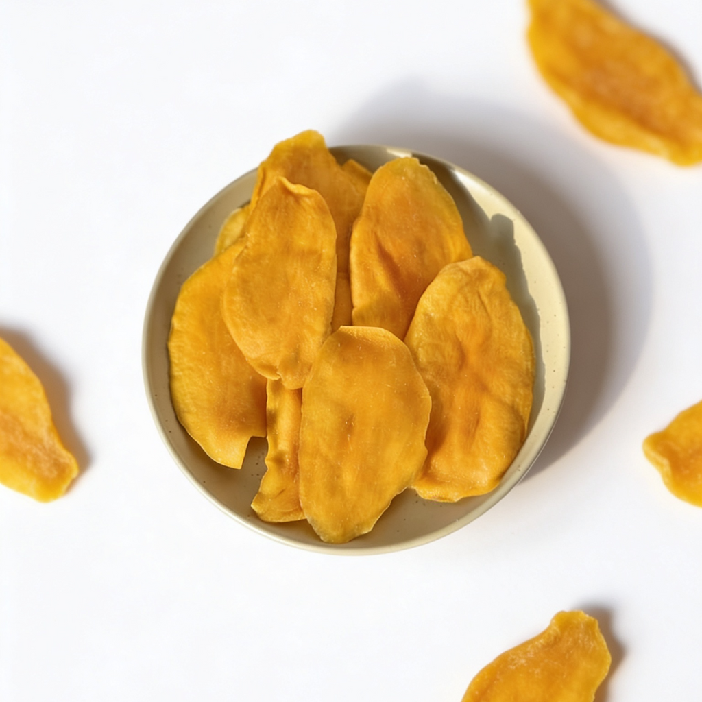 Dried mango pieces on a white surface