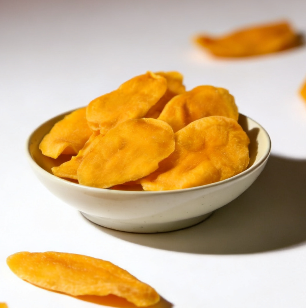 Dried mango pieces in a white bowl on a light background